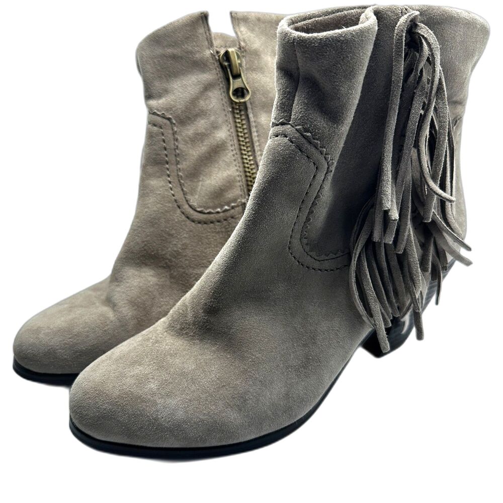 Sam Edelman Louie Grey Round Toe Booties with Fringe - Women 7.5 - Boho Western